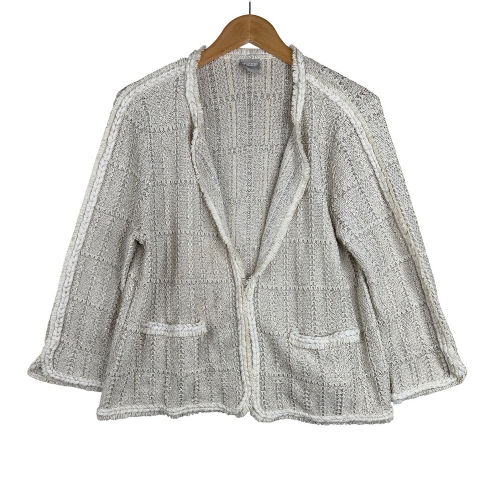 Chico's Tweed Knit Hook Closure Pockets size 2 (US L) Gray/White